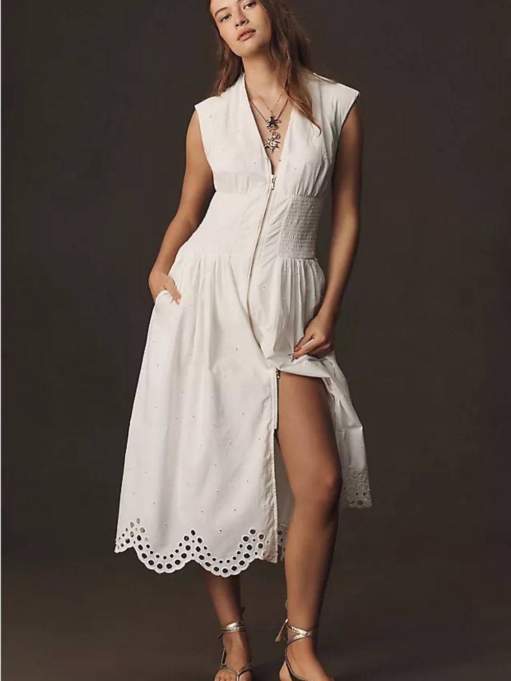 Anthropologie White Eyelet Midi Dress with Front Zip